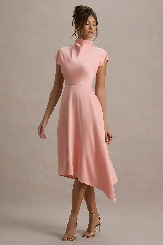 Strapless Blue Midi Dresses-Velma | Light Pink Satin Midi Dress With Draped Hem