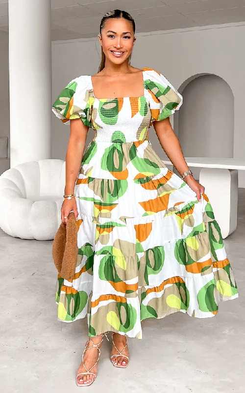 Designer Elegant Midi Dresses-Sabah Midi Dress - White Green Print