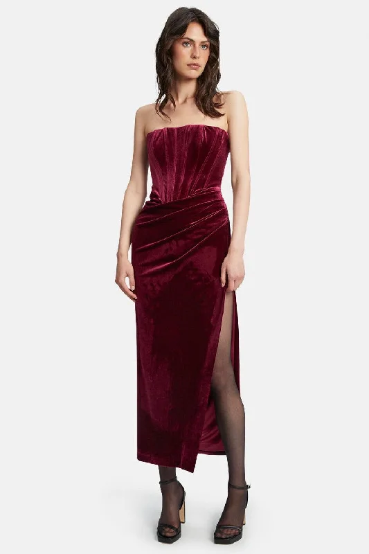 Embroidered Vintage Midi Dresses-Everlasting Velour Midi Dress - Burgundy