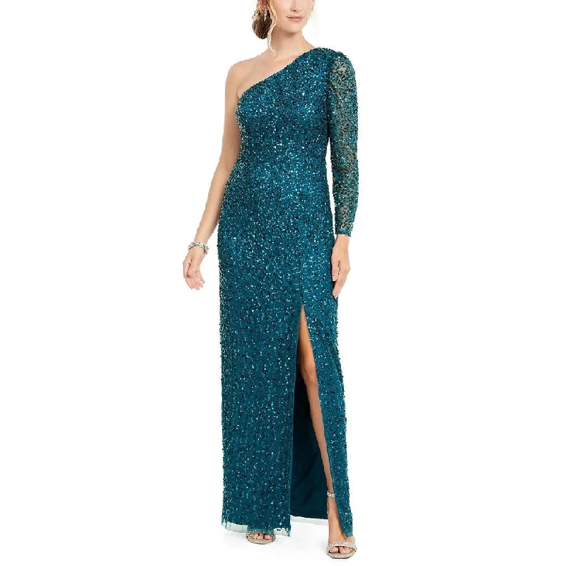 Cocktail Grey Evening Dress-Adrianna Papell Women's Beaded Column Gown Blue Size 12