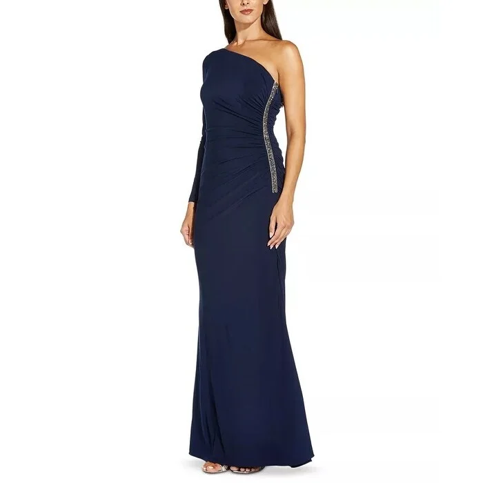 Vintage Backless Evening Dress-Adrianna Papell Women's Embellished One Shoulder Gown Navy Size 12