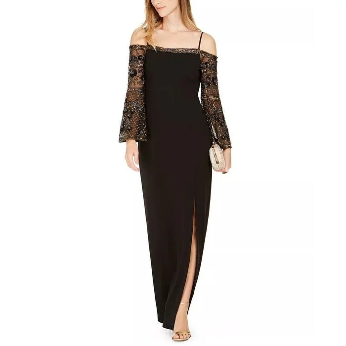 Sexy One Shoulder Evening Dress-Adrianna Papell Women's Embellished Sleeve Cold Shoulder Gown Black Size 4