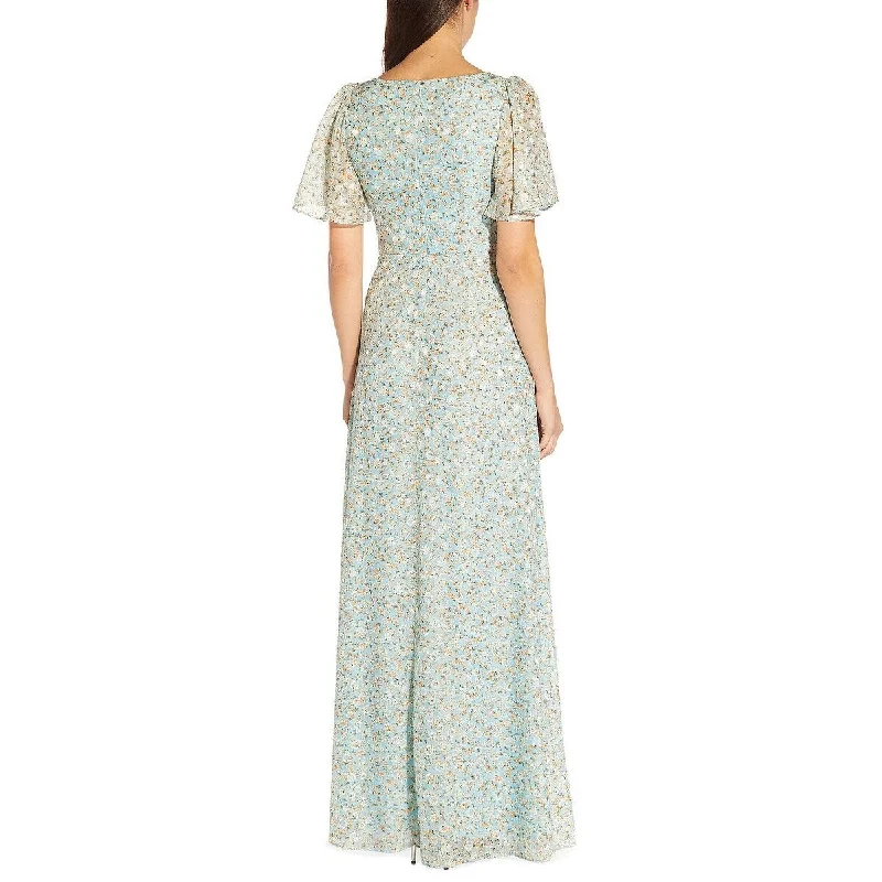 Women Cocktail Evening Dress-Adrianna Papell Women's Floral Jacquard Keyhole Gown Blue Size 4