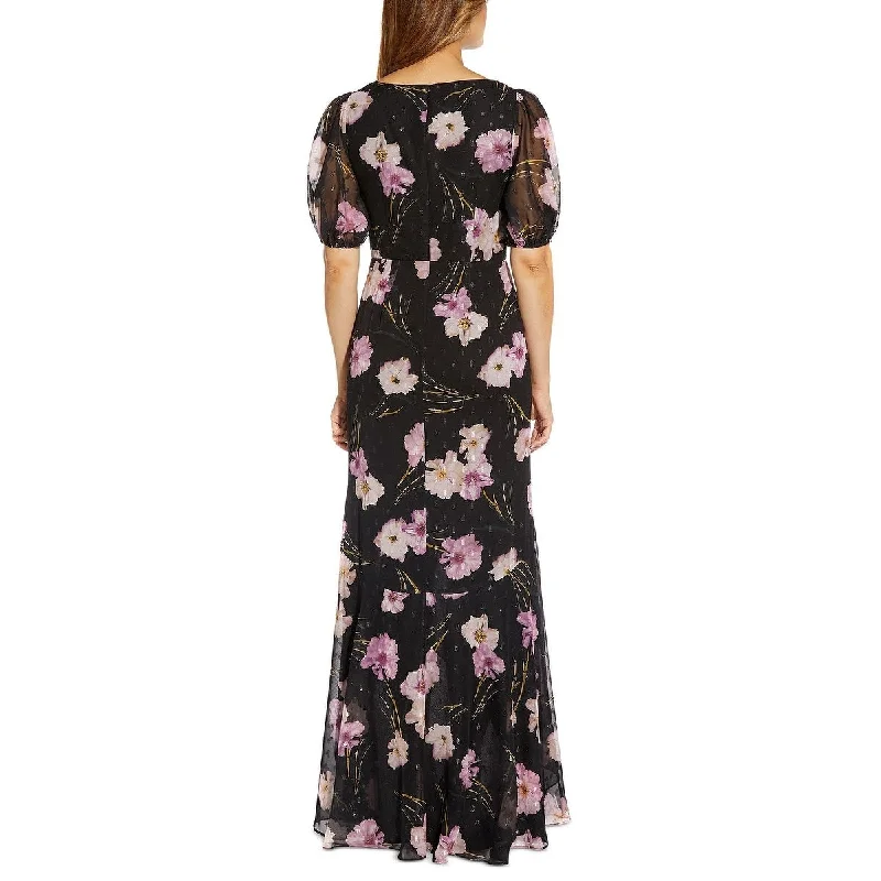 Red Evening Dress-Adrianna Papell Women's Floral Print Chiffon Ruffle Gown Black Size 4