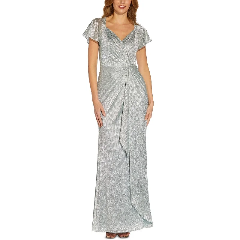 Wedding Evening Dress-Adrianna Papell Women's Metallic Twist Front Gown Silver