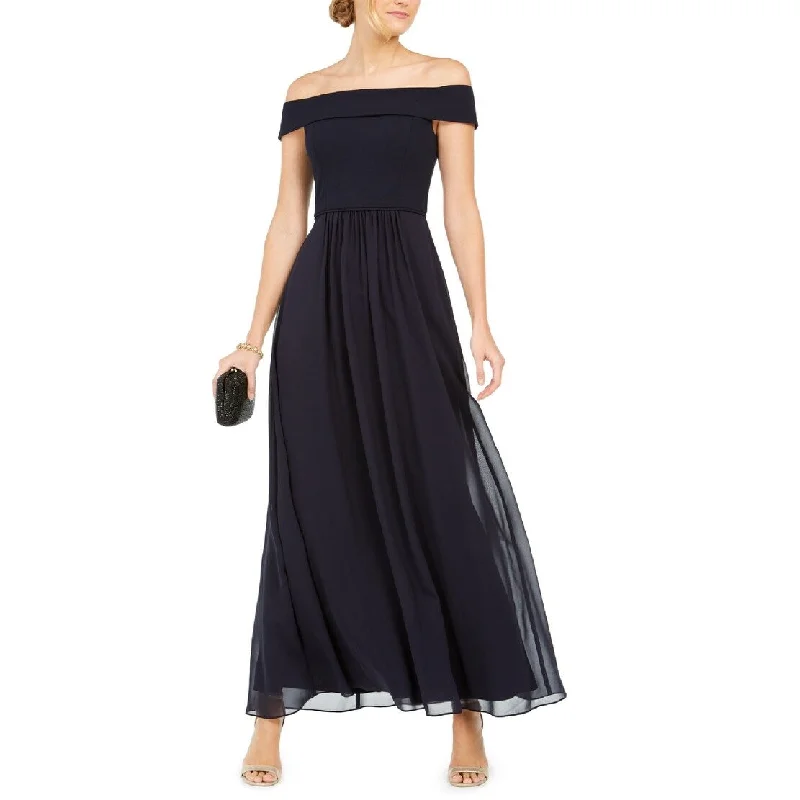 Blue Velvet Evening Dress-Adrianna Papell Women's Off The Shoulder Chiffon Gown Blue Size 2