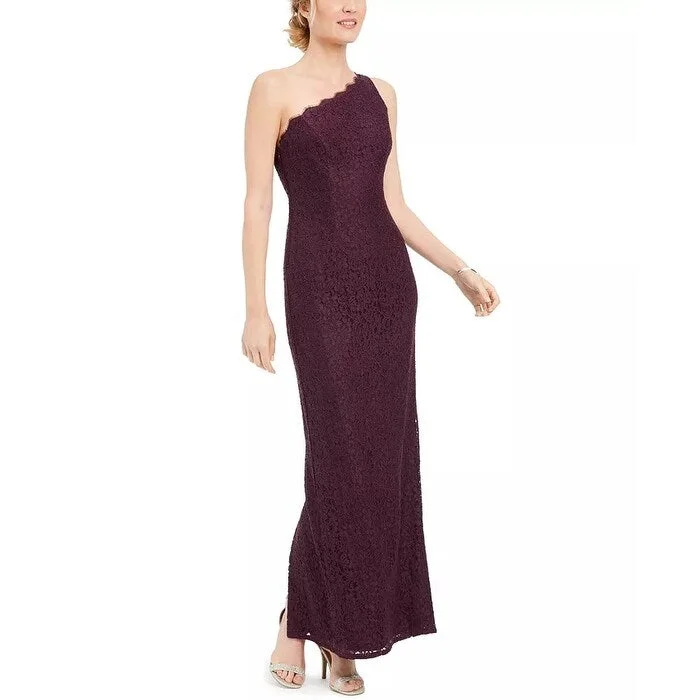 Plus Size Long Sleeve Evening Dress-Adrianna Papell Women's One Shoulder Lace Gown Dark Purple Size 4