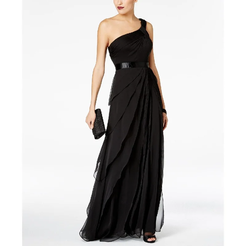 Party High Neck Evening Dress-Adrianna Papell Women's One-Shoulder Tiered Chiffon Gown Black Size 12