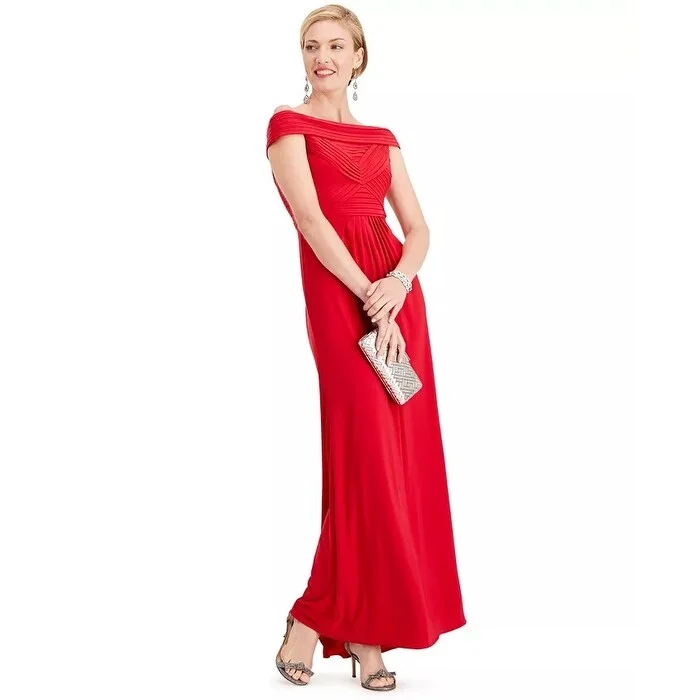 Wedding Trendy Evening Dress-Adrianna Papell Women's Pintuck Off The Shoulder Gown Red Size 2