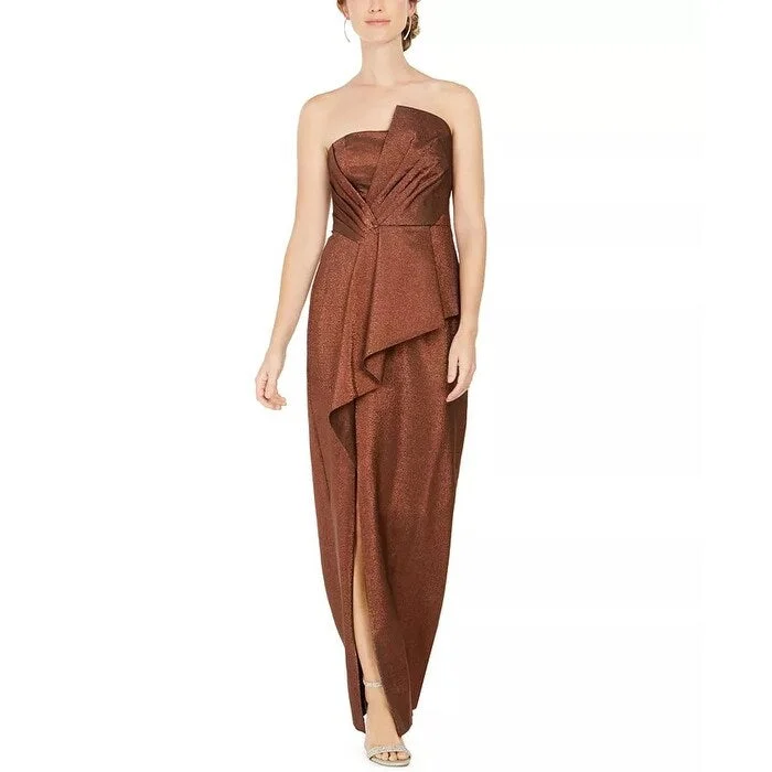 Lace V Neck Evening Dress-Adrianna Papell Women's Stretch Lame Strapless Gown Copper Brown Size 4