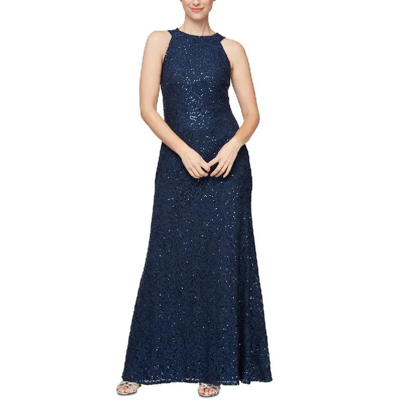 Trendy High Neck Evening Dress-Alex & Eve Women's Sequin & Lace Drape Back Gown Blue Size 12