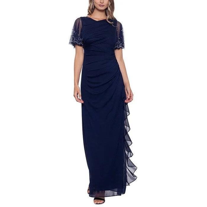 High Neck Yellow Evening Dress-Betsy & Adam Women's Embellished Zippered Ruched Flutter Sleeve Boat Neck Full-Length Formal Gown Dress Blue Size 4