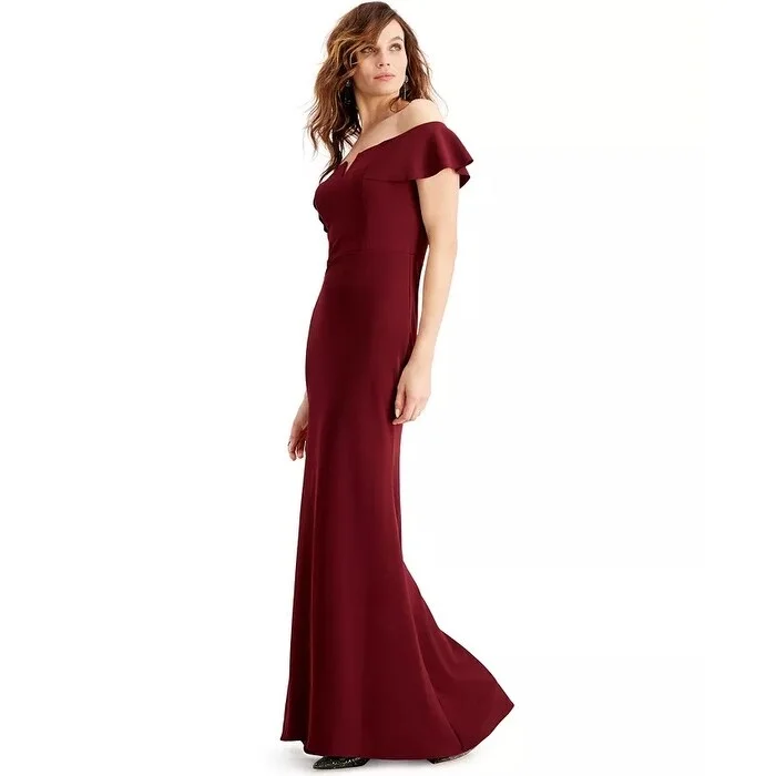 Animal Print Sleeveless Evening Dress-Betsy & Adam Women's Off-The-Shoulder Gown Dark Red Size 2