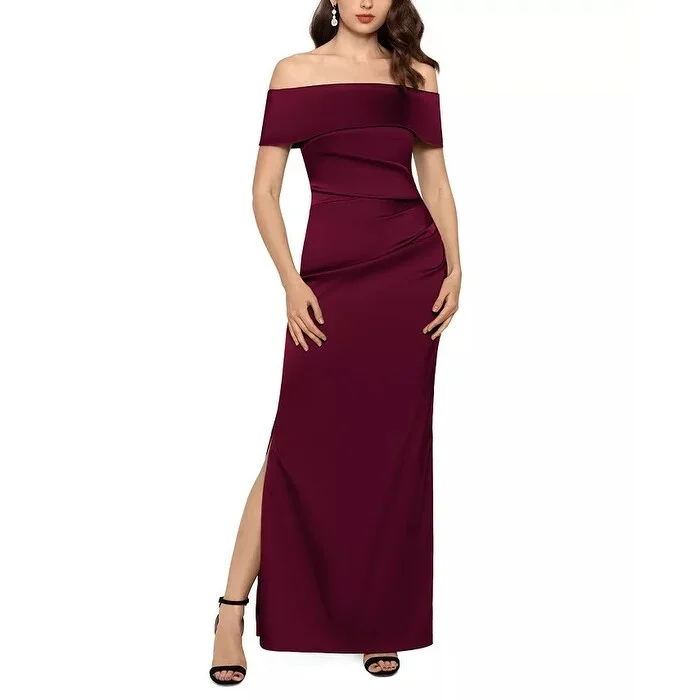 Chiffon Blue Evening Dress-Betsy & Adam Women's Off-The-Shoulder Satin Slit Gown Purple Size 6