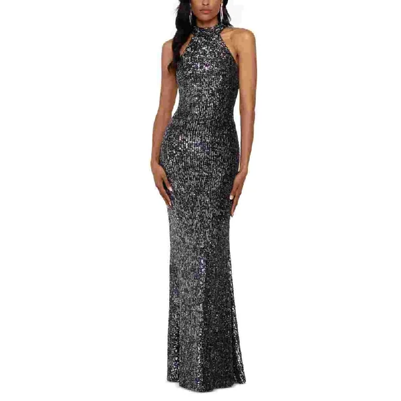 Formal V Neck Evening Dress-Betsy & Adam Women's Sequined Halter Gown Charcoal Size 2