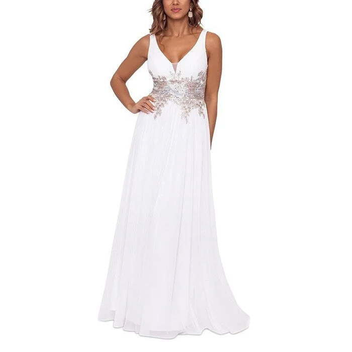 Silver Sleeveless Evening Dress-Betsy & Adam Women's V Neck Mesh Waist Embroidered Chiffon Gown White Size 6