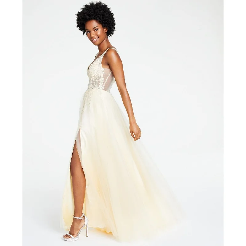 Prom Sexy Evening Dress-Blondie Nites Junior's Embellished Illusion Gown Yellow Size 0