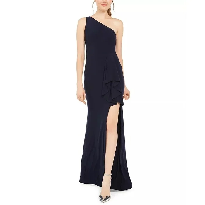 Strapless Evening Dress-Blondie Nites Juniors' One-Shoulder Slit Gown Navy Size 5