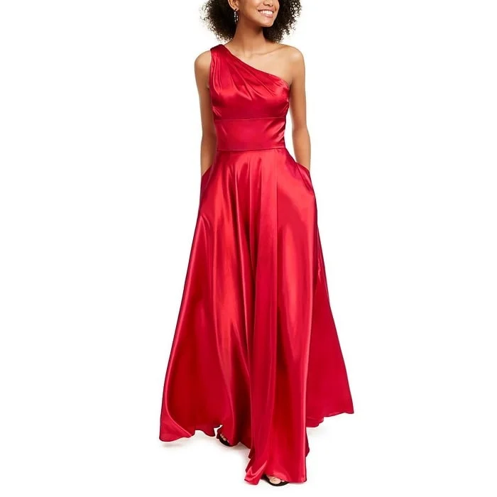 Wedding Evening Dress-Blondie Nites Junior's One Shoulder Strappy Satin Gown Red Size 1