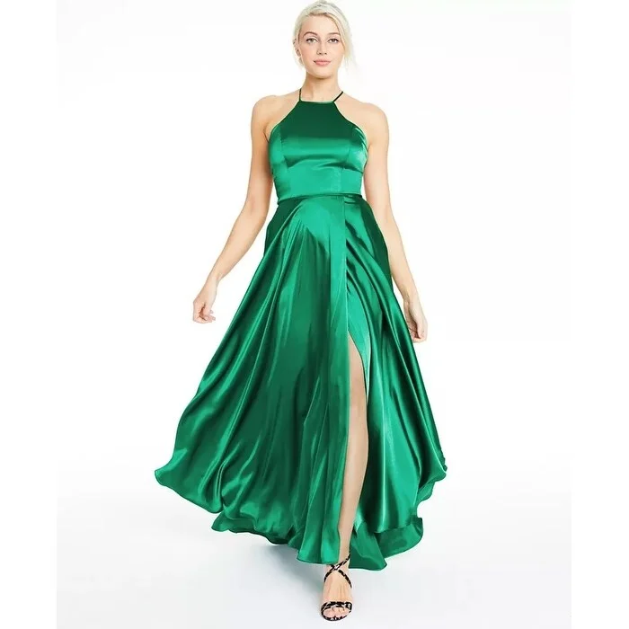 Gold Cocktail Evening Dress-Blondie Nites Junior's Tie Back Faux Wrap Gown Green Size 5