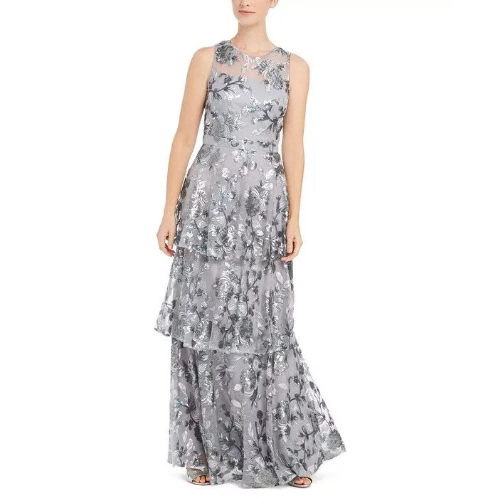 Sequin Boho Evening Dress-Calvin Klein Women's Embellished Tiered Gown Gray Size 14