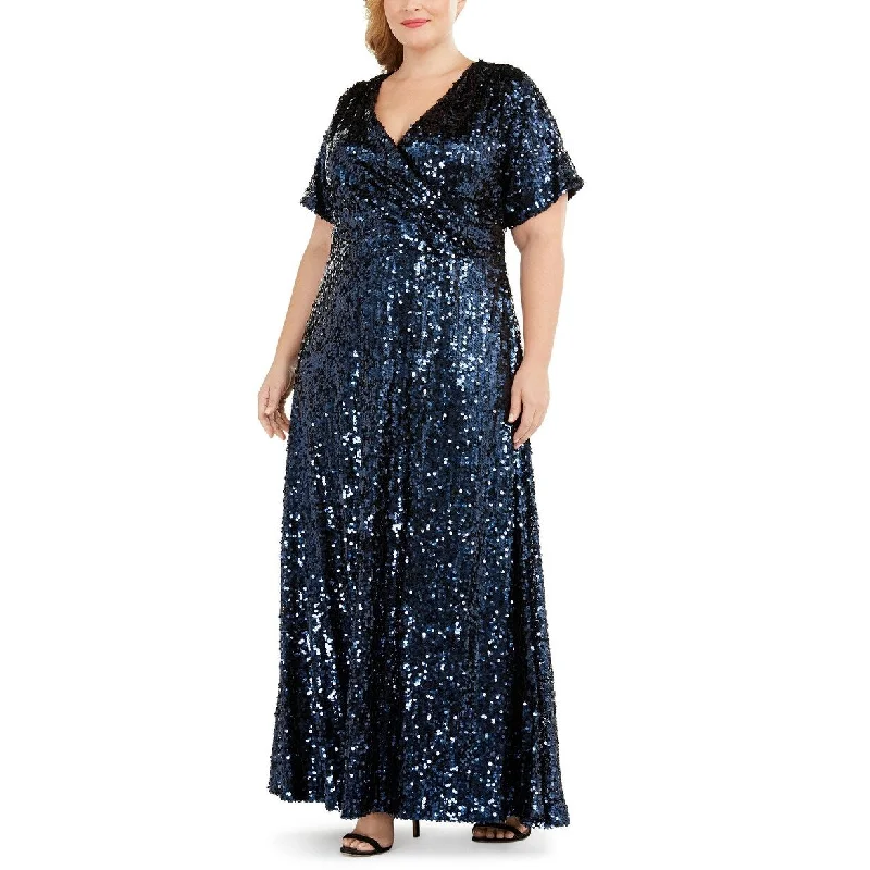 Beige Long Sleeve Evening Dress-Calvin Klein Women's Plus Size Sequined Gown Navy Size Small Petite