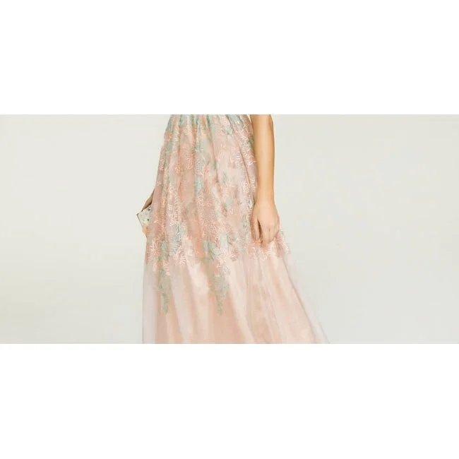 Designer Silk Evening Dress-City Studios Juniors' Floral-Embroidered Gown Natural Size 11