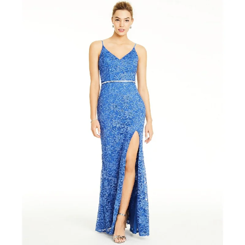 Party High Neck Evening Dress-City Studios Juniors' Glitter-Lace Slit Gown Blue Silver Size 1