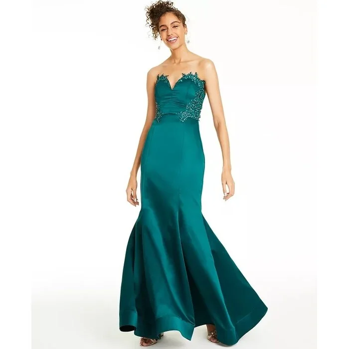 One Shoulder Evening Dress-City Studios Women's Beaded Applique-Trim Gown Dark Green Size 9