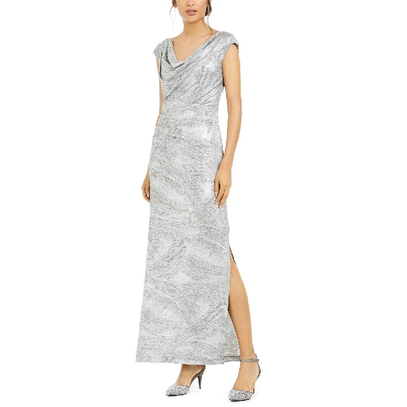 Plaid One Shoulder Evening Dress-Connected Women's Cowlneck Metallic Slit Gown Silver Size 14