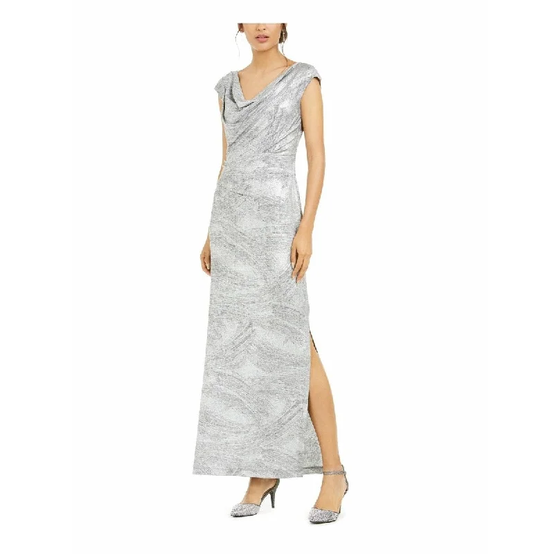 Plus Size Beige Evening Dress-Connected Women's Cowlneck Metallic Slit Gown Silver Size 8