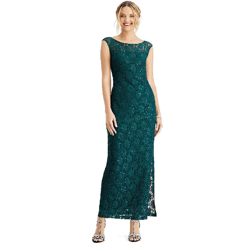 Orange Midi Evening Dress-Connected Women's Sequined Lace Slit Gown Dark Green Size 8