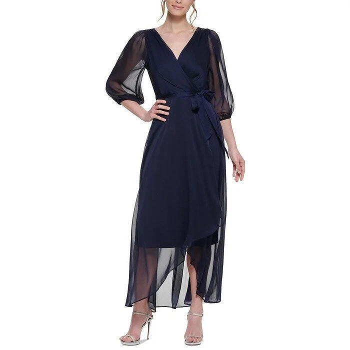 Black Silk Evening Dress-DKNY Women's Balloon Sleeve Faux Wrap Gown Blue Size 10