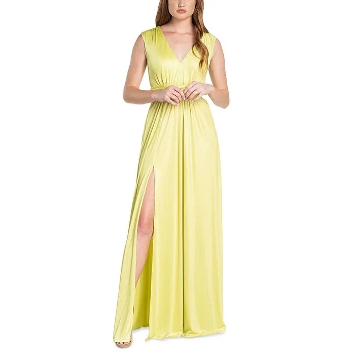 Floral Ruffle Evening Dress-Dress The Population Women's Krista Plunge Neck Side Slit Gown Yellow Size Xx-Small