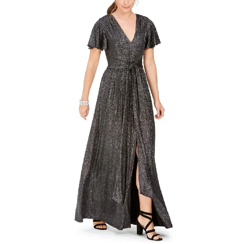 White Satin Evening Dress-Eliza J Women's Tie Front Flutter Sleeve Glitter Knit Gown Gray Size 8