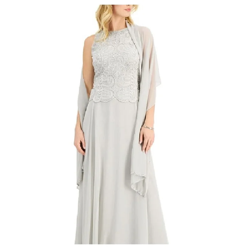 Midi Party Evening Dress-J Kara Women's Beaded Gown & Chiffon Scarf Silver Size 6