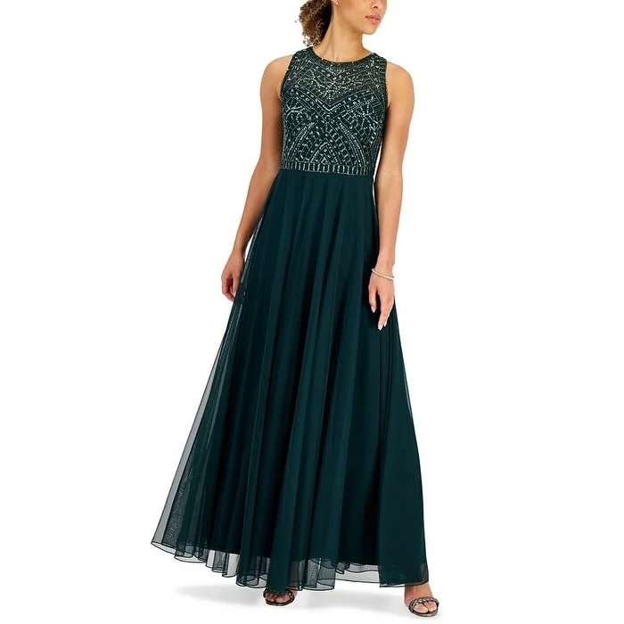 Midi Party Evening Dress-J Kara Women's Beaded Illusion Crewneck Gown Green Size 16