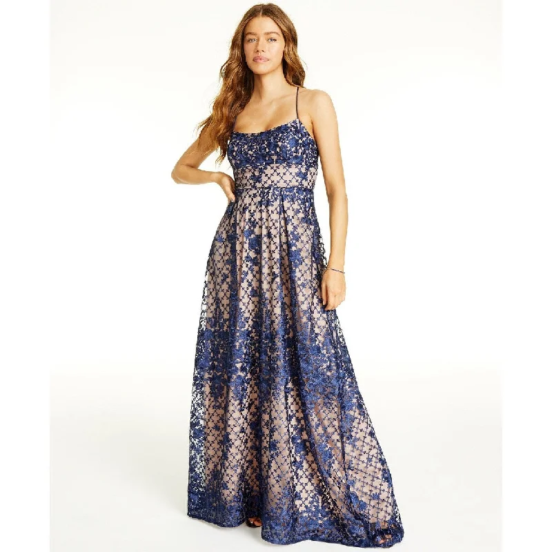 Backless Velvet Evening Dress-Jump Juniors' Embroidered Mesh Lace-Up Gown Blue Size Small