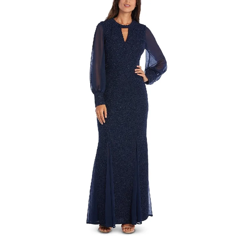 Striped Short Evening Dress-Nightway Women's Long-Sleeve Keyhole Gown Navy Size 14