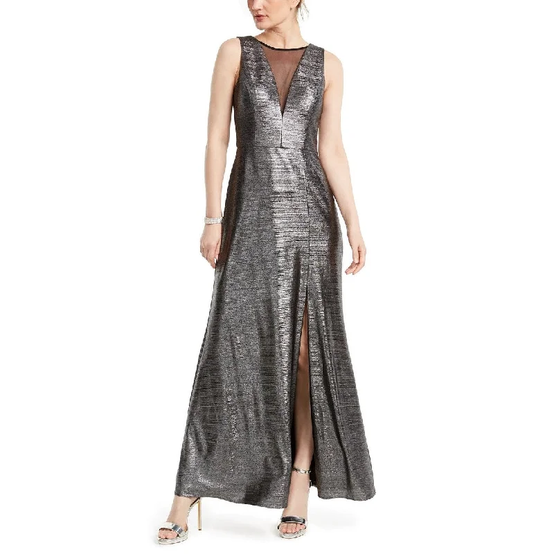 Wedding Blue Evening Dress-Nightway Women's Metallic Illusion-Mesh Gown Gray Size 12