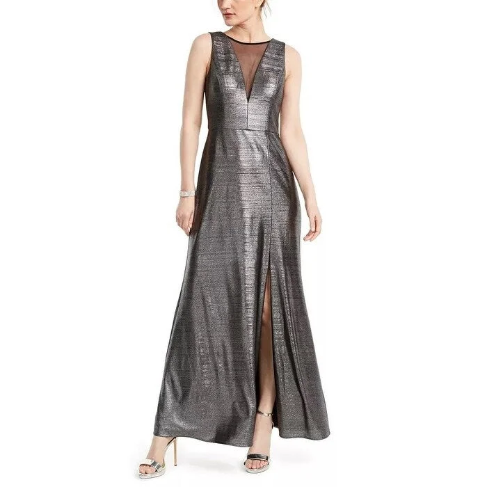 Animal Print Women Evening Dress-Nightway Women's Metallic Illusion-Mesh Gown Gray Size 8