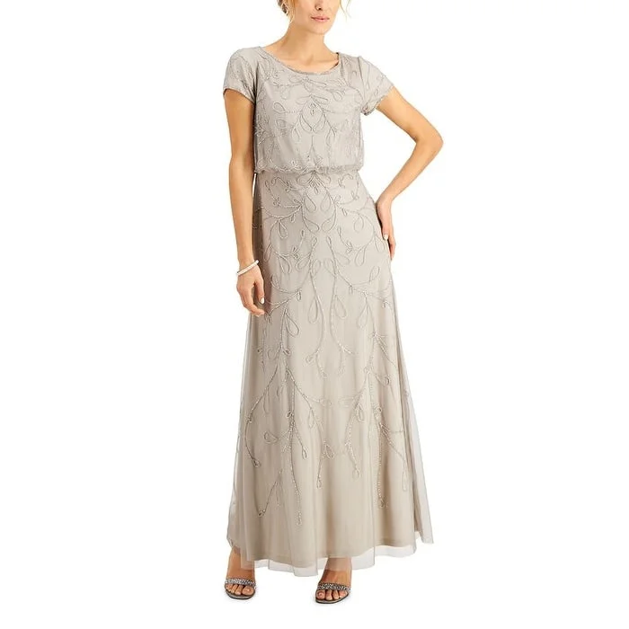 Wedding Striped Evening Dress-Papell Studio Women's Embellished Blouson Gown Gray Size 4