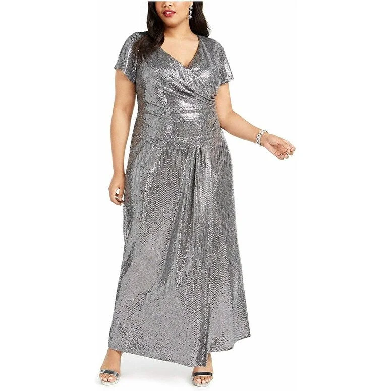 Boho Strapless Evening Dress-R & M Richards Women's Plus Draped Sequined Gown Silver Size 16W