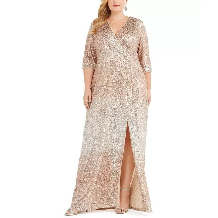 Beaded Maternity Evening Dress-R & M Richards Women's Plus Size Sequined Surplice Gown Lt Beige Size 14W