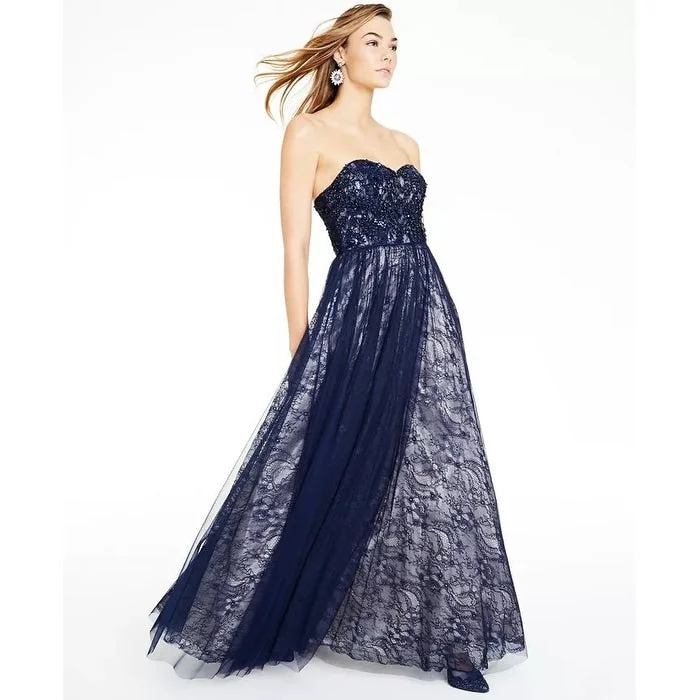 Knit Evening Dress-Say Yes To The Prom Juniors' Sequin-Trim Strapless Lace Gown Navy Size 0