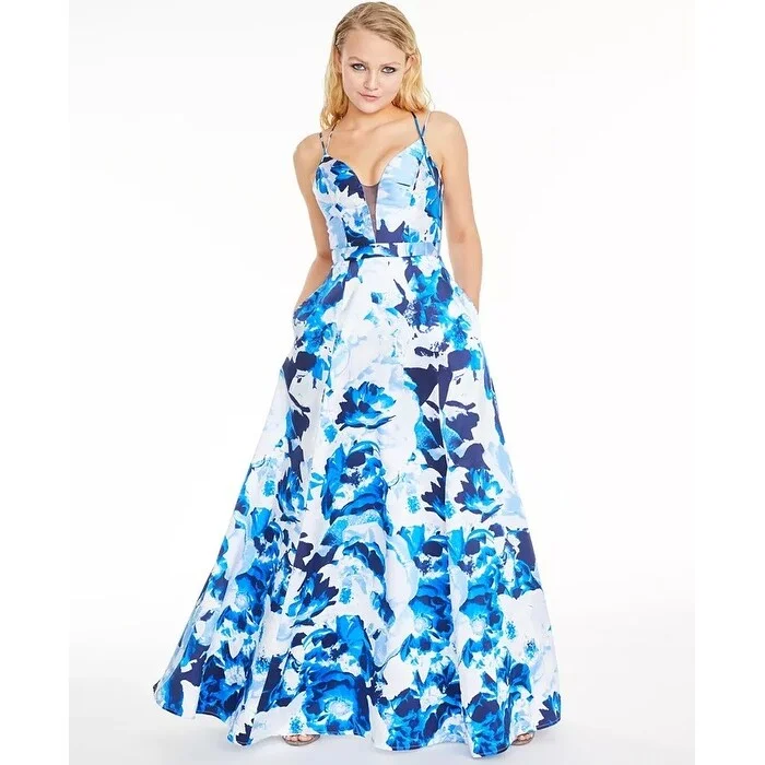 Halter Evening Dress-Sequin Hearts Juniors' Floral-Print Double-Strap Gown Blue Size 13