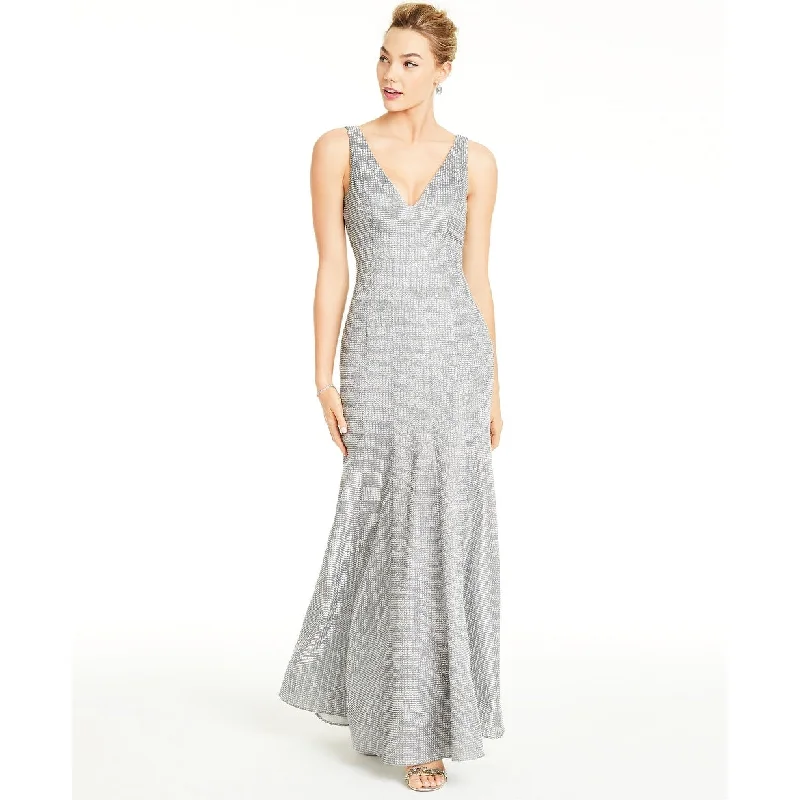 Lace V Neck Evening Dress-Sequin Hearts Women's Glitter V-Neck Trumpet Gown Silver Size 1