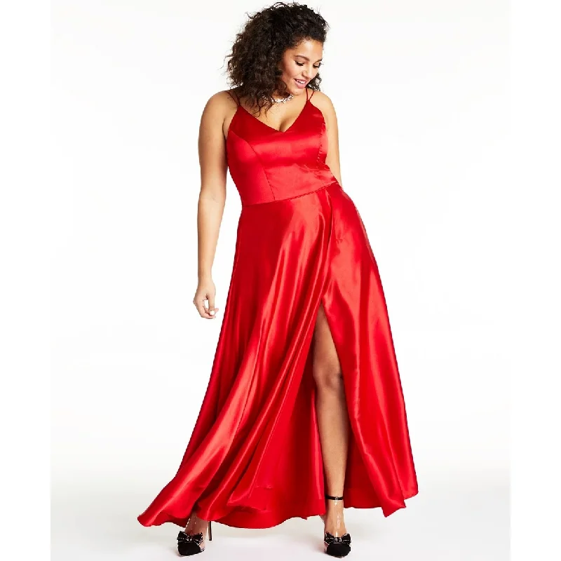 High Neck Evening Dress-Sequin Hearts Women's Trendy Plus Slit Satin Gown Medium Red Size 24 - Square 24