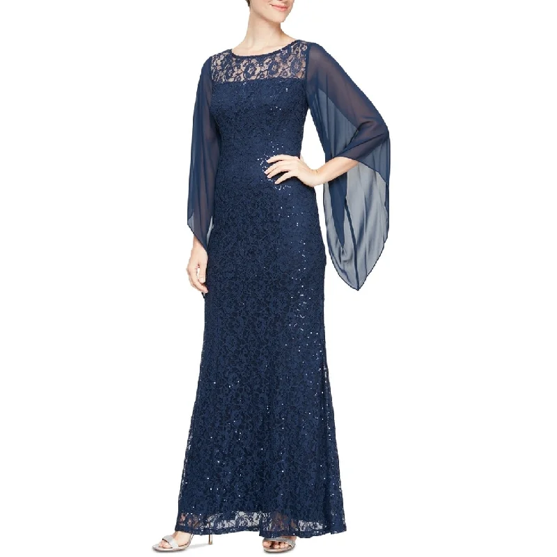 Boho Sexy Evening Dress-SL Fashions Women's Embellished Illusion Lace Gown Blue Size 10