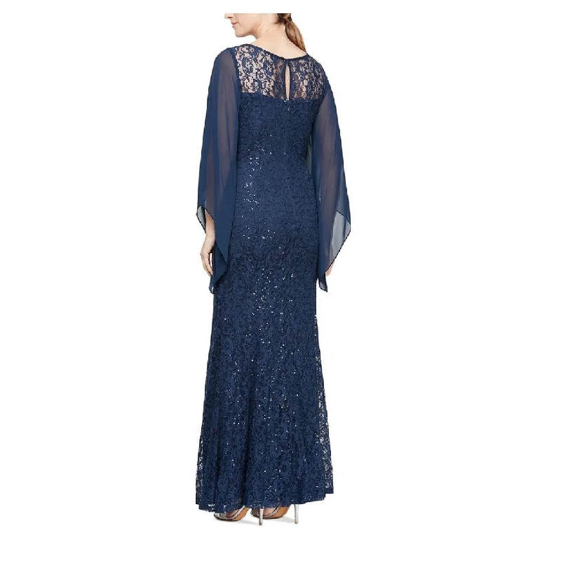 Midi Purple Evening Dress-Sl Fashions Women's Embellished Illusion Lace Gown Blue Size 4